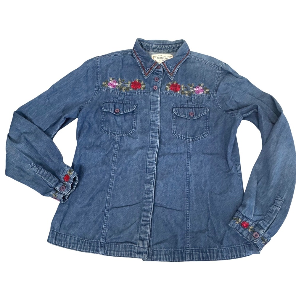 Vintage‎ Tantrums Denim Shirt Women Medium Floral Embroidery Western Cottagecore